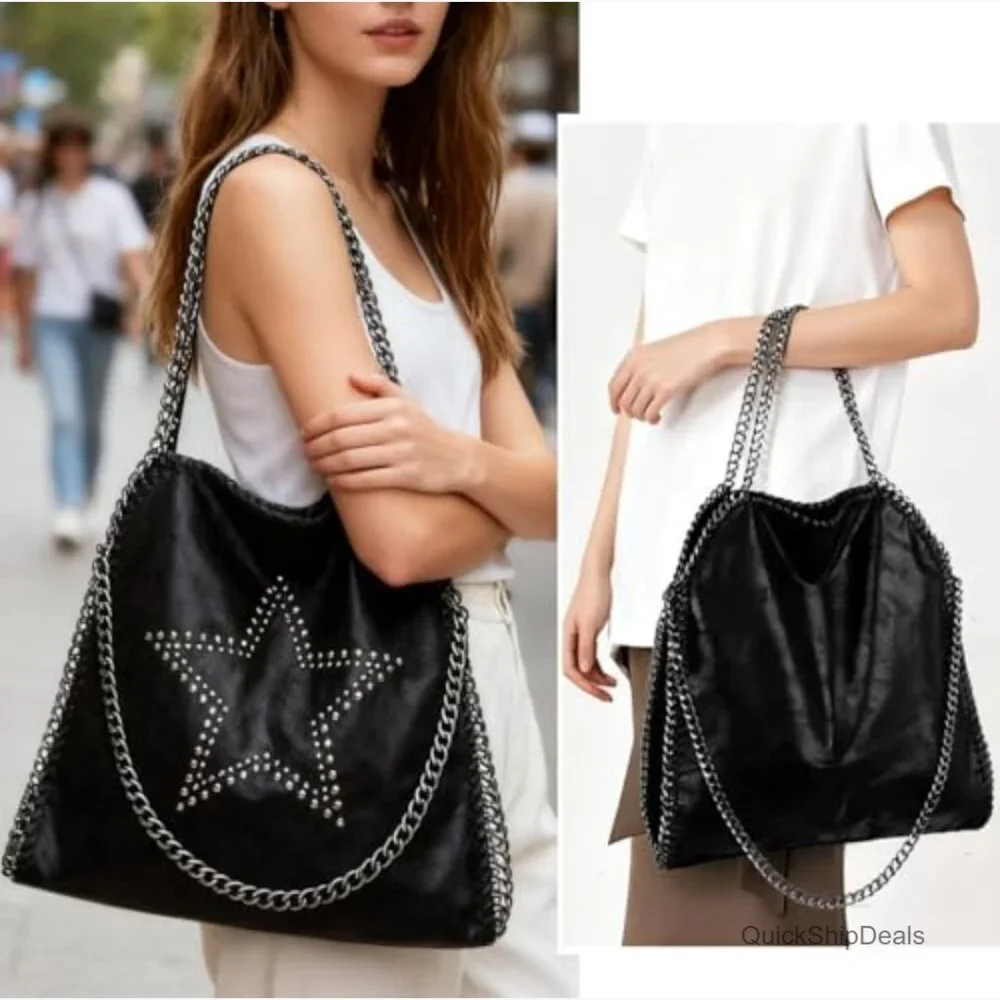 Oversized Chain Hobo Bag with Studs Faux Leather Shoulder Tote